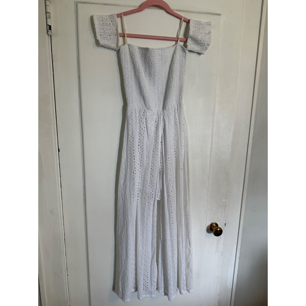 J.O.A. Los Angeles White Eyelet Smocked Maxi Dress Romper Small Off Shoulder